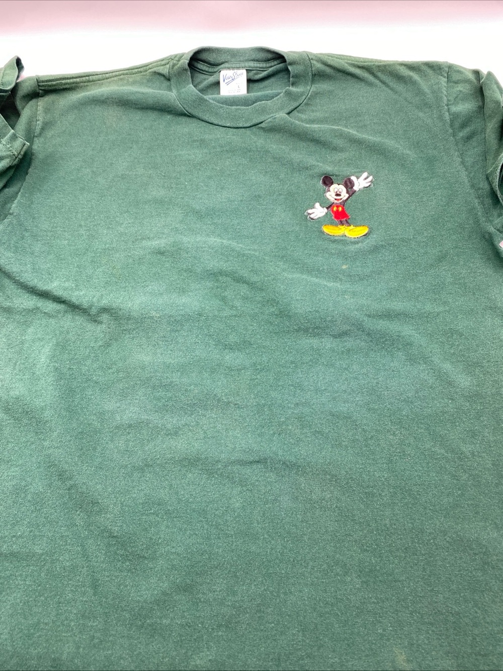 Vintage Mickey Mouse Goofy Embroidered T Shirt 90s  Velva Sheen Green Large USA